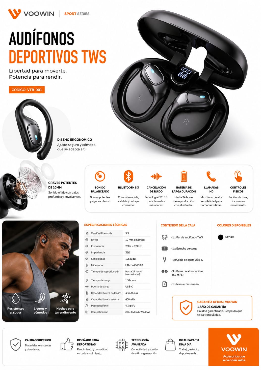Audífonos Deportivos TWS VOOWIN Sport Pro 5.3 – Bluetooth 5.3